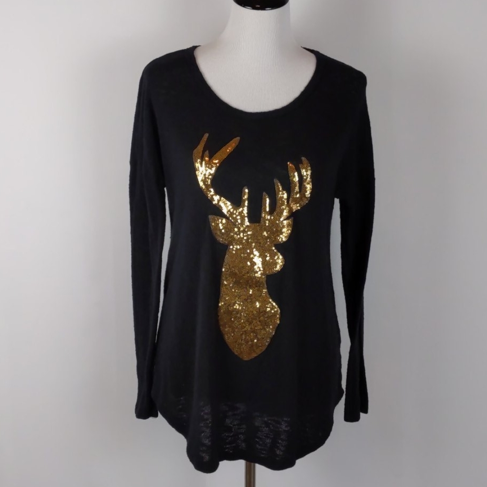 Bo Bel Sequin Deer Long Sleeve Popover Top